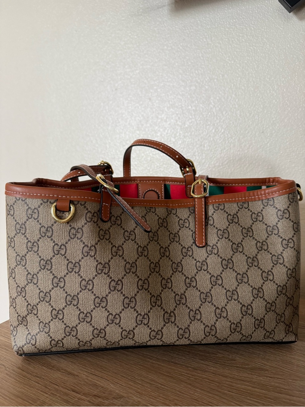 Gucci Brown GG Canvas Tote with Tan Leather Trim and Red-Green Accents
